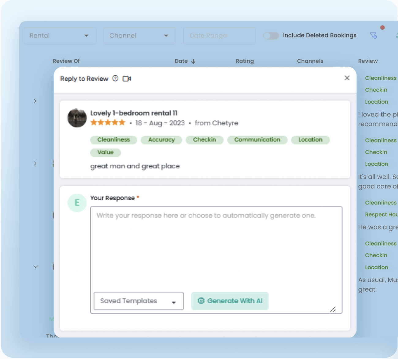 Review response interface showing a guest review for a 1-bedroom rental, with tagged attributes like cleanliness, accuracy, and communication, and an AI-powered tool to generate a response.