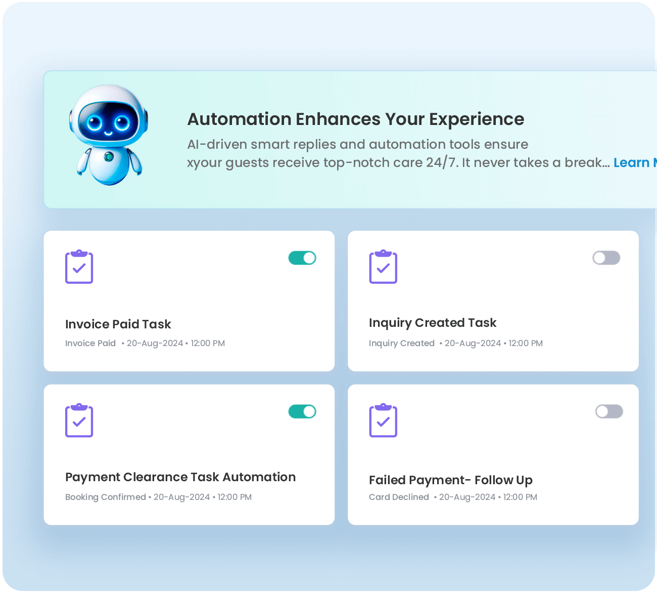 Screenshot displaying tasks: invoice paid task, inquiry created task, payment clearance task automation, and failed payment follow-up.