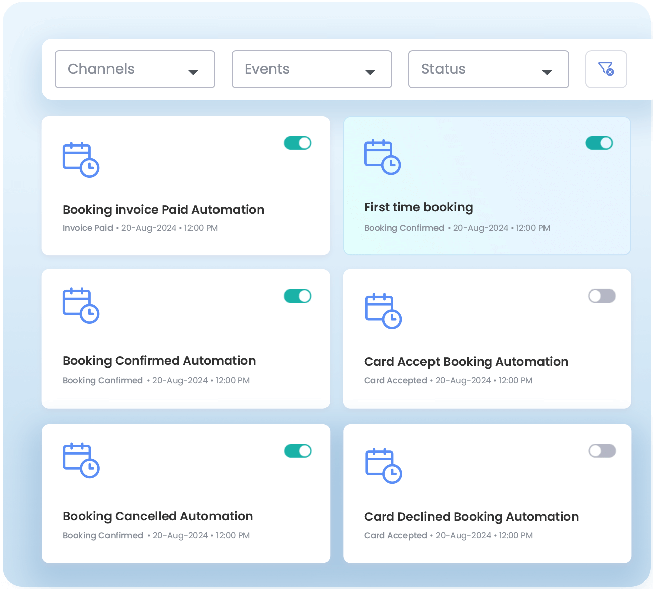 Screenshot displaying booking-related tasks: booking invoice paid automation, first time booking, booking confirmed automation, card accept booking automation, booking cancelled automation, and card declined booking automation.