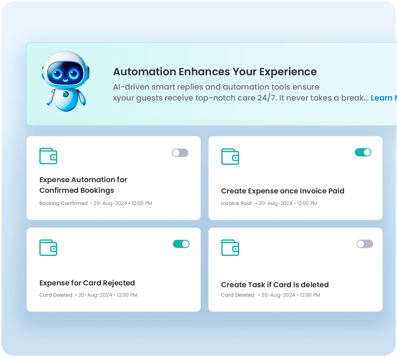 AI automation panel showing expense-related tasks: expense automation for confirmed bookings, create expense once invoice paid, expense for card rejected, and create task if card is deleted.