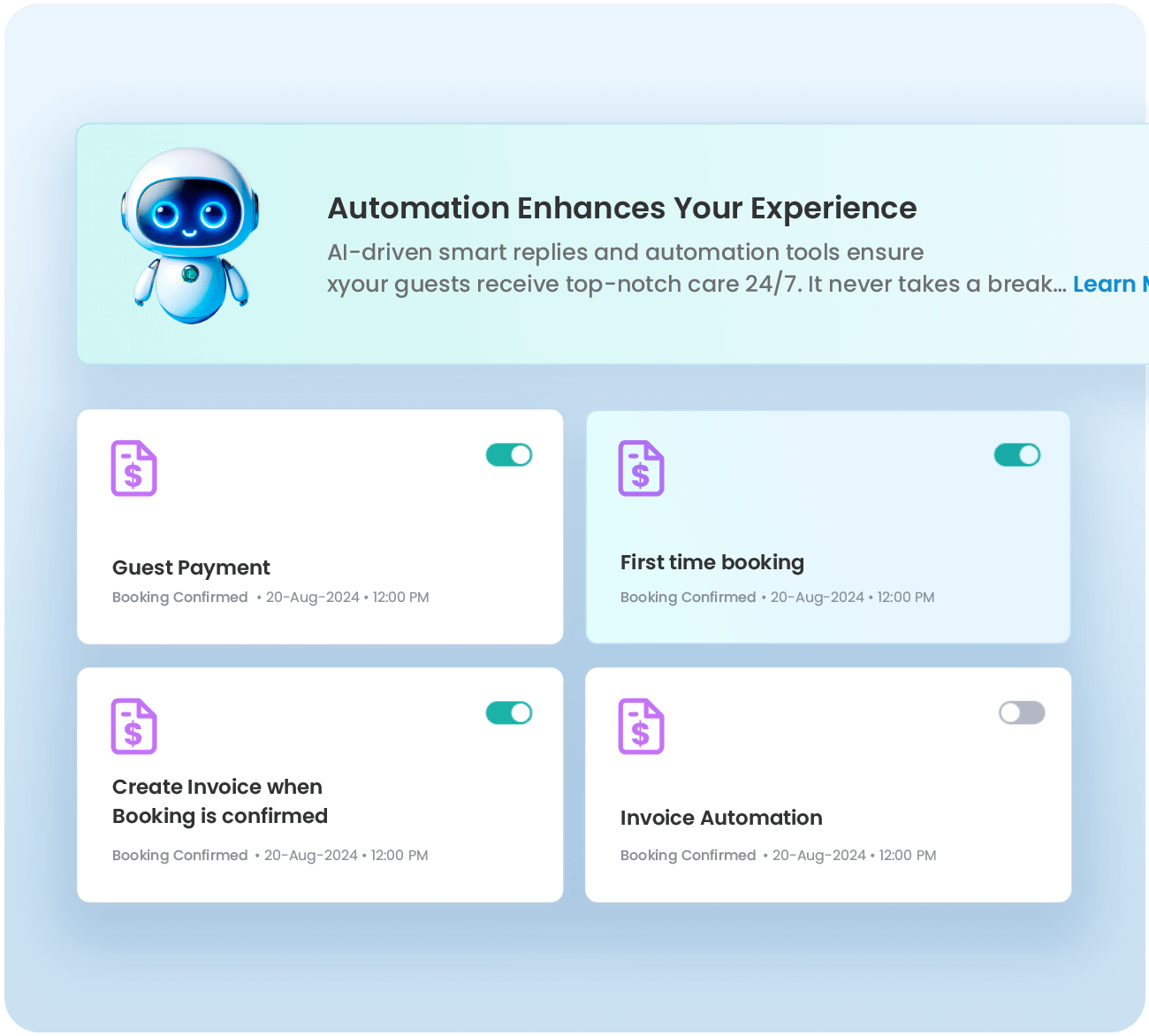 AI automation panel screenshot showing tasks like guest payment, first time booking, create invoice when booking is confirmed, and invoice automation.