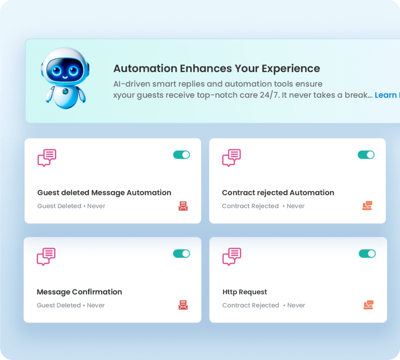 AI automation panel screenshot with smart reply and task automation options, including guest deleted message, contract rejected, message confirmation, and HTTP request.