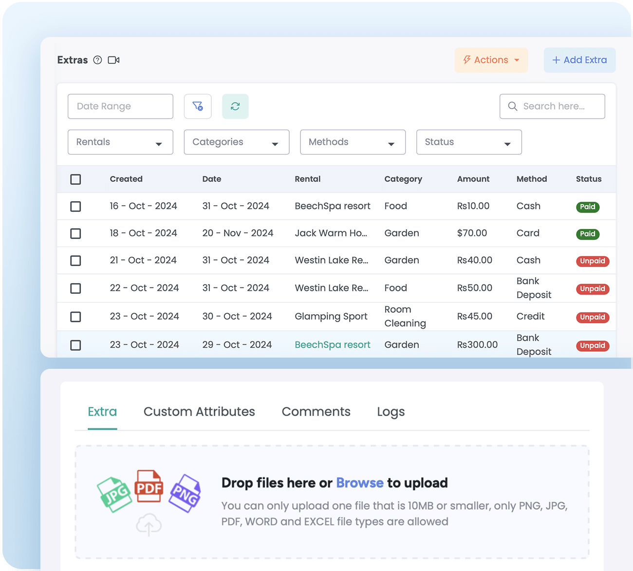 Dashboard for managing additional charges, displaying categorized records for extra services like food, garden maintenance, and room cleaning, with payment statuses and file upload options for detailed expense tracking.